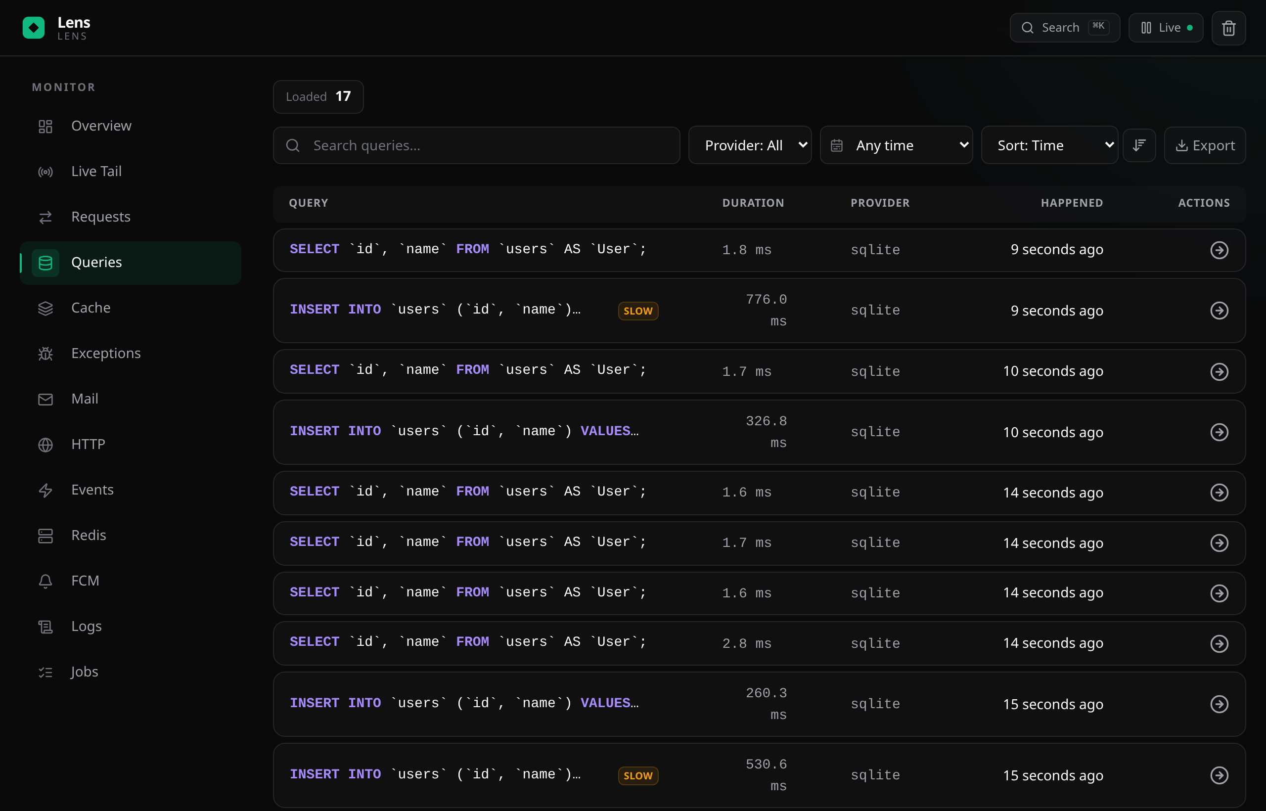 Lens dashboard — Queries view
